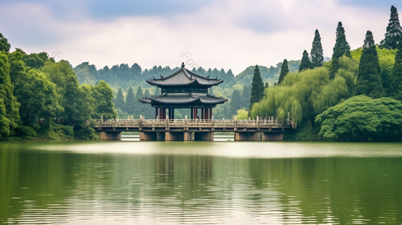 春天树林湖水古建筑亭子和石桥,高清,摄影图,摄影图片,图片大全,摄影图免费下载